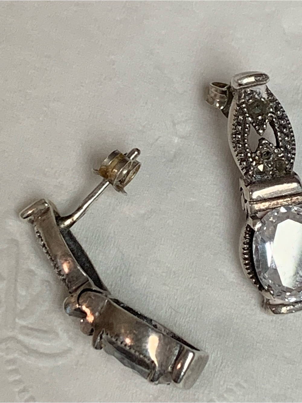 Vintage Sterling Silver Art Deco Marcasite and CZ Post Pierced Earrings - Picture 11 of 13
